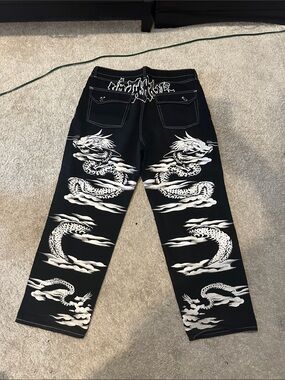 Black Dragon Print Wide-Leg Pants